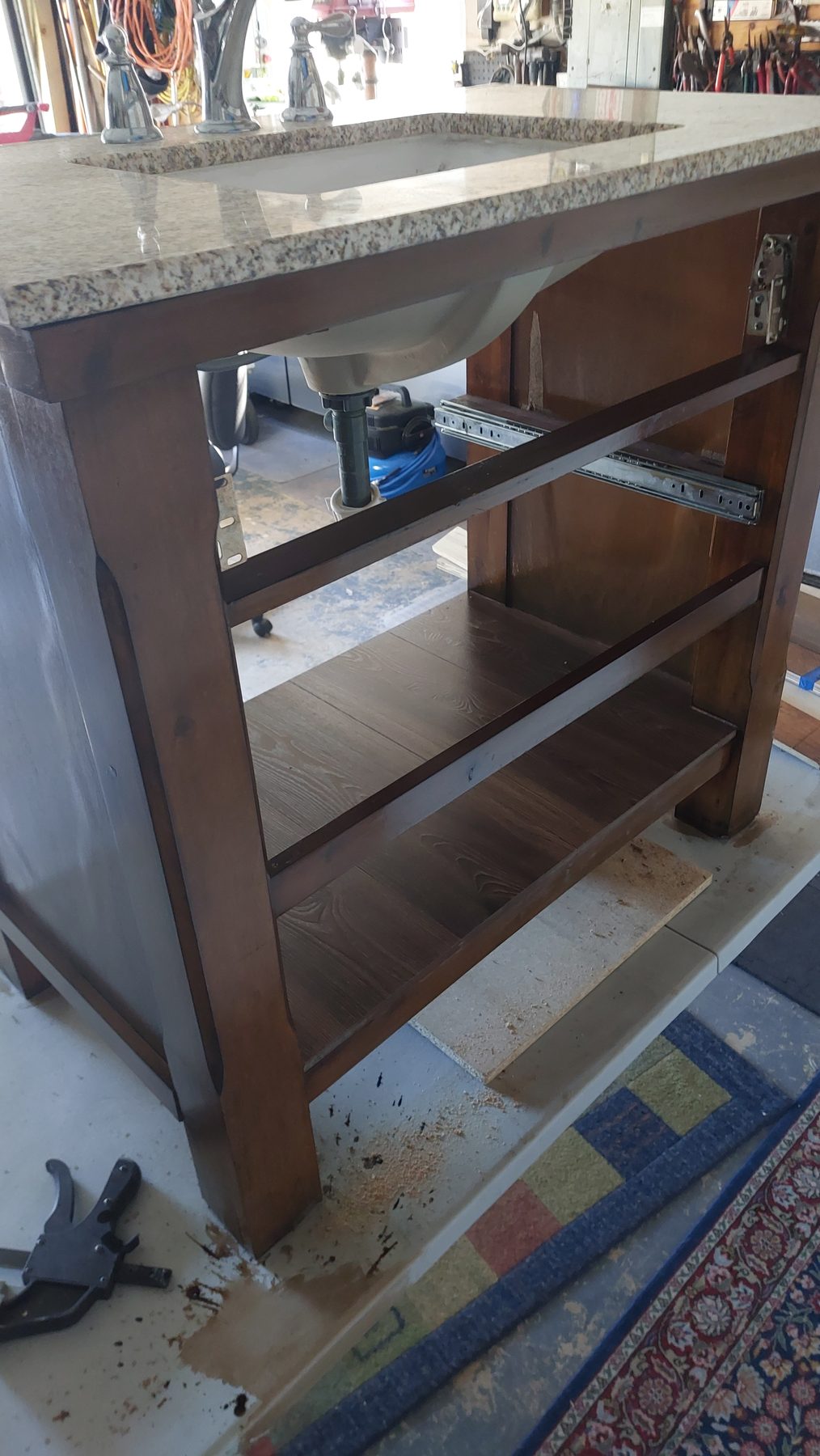 Unfinished vanity cabinet before staining